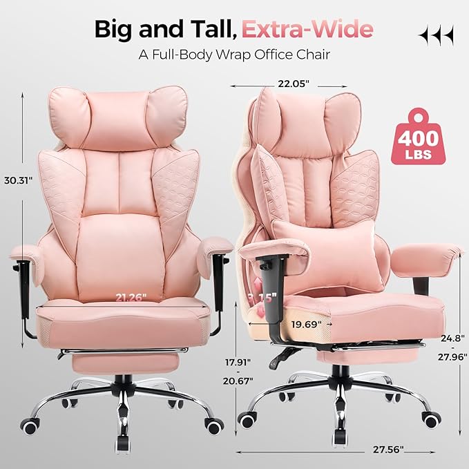COMHOMA Desk Office Chair Big and Tall Office Chairs Ergonomic Gaming Chairs with Wide Seat Leather High Back Chair with Foot Rest Adjustable Armrests Pocket Spring Lumbar Support