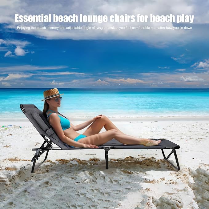 Foldable Chaise Lounge 4 Height Adjustable, Reclining Sun Tanning Chair with Face Hole & Removable Pillow, Portable Summer Outdoor Lounger for Patio Poolside Lawn Beach Yard Grey