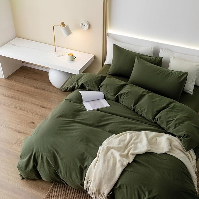 JIYUAN 100% Washed Cotton Duvet Cover Set 2 Pieces Twin, 1 Duvet Cover 68x90 Inches(Comforter Not Included) and 1 Pillowcases,Linen Feel Bedding Set Comfy and Breathable,Olive Green