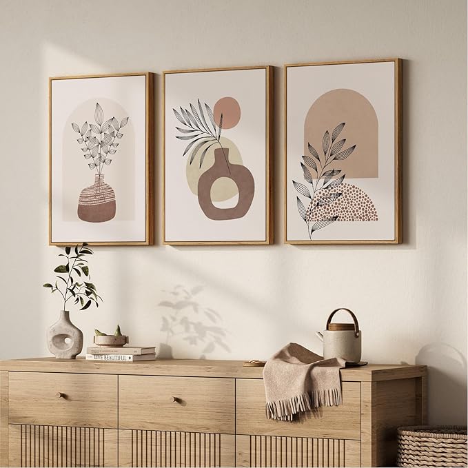 Framed Neutral Boho Wall Art Bedroom, 3 Piece Abstract Bohemian Brown Botanical