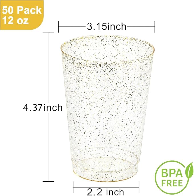 I00000 50 Pack 12 oz Gold Glitter Plastic Cups, Clear Disposable Cups, Disposable Plastic Wine Glasses Cocktail Glasses Premium Cups, 12 Ounce Glitter Tumblers for Party & Wedding