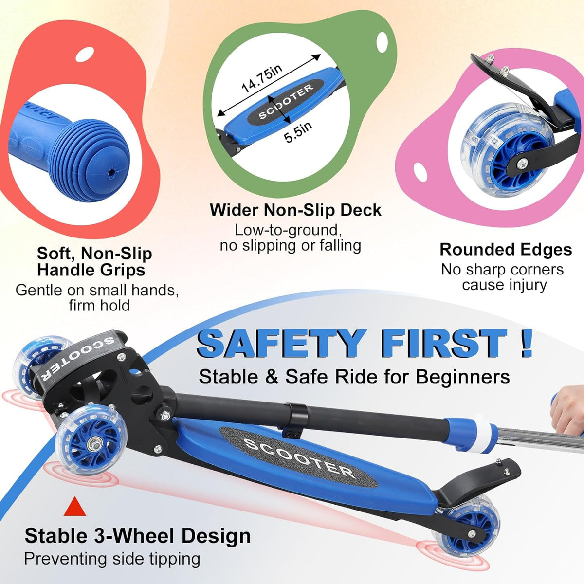 **Skiennix Light-Up 3-Wheel Kick Scooter for Kids | Adjustable Handlebar & Anti-Slip Deck | Up to 150 lbs**