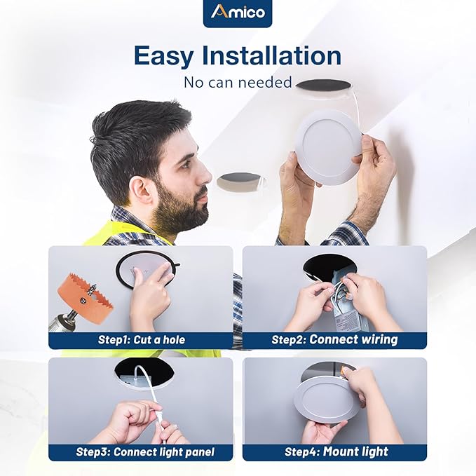 Amico 4 Pack 6 Inch 5CCT Ultra-Thin LED Recessed Ceiling Light with Junction Box, 2700K/3000K/3500K/4000K/5000K Selectable, 1050 Lumens, Dimmable Canless Wafer Downlight, 12W Eqv 110W-ETL&FCC