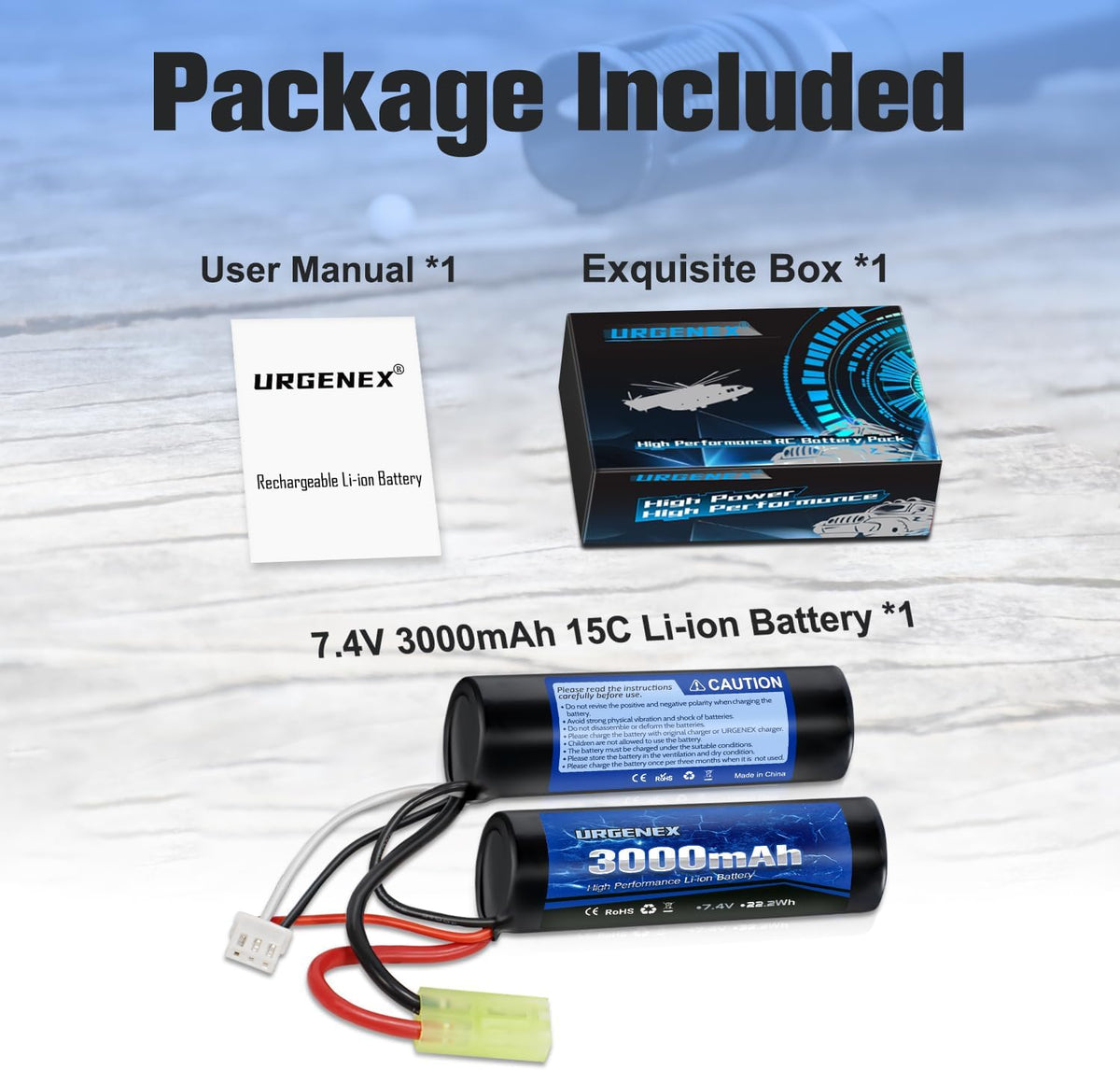 URGENEX 3000mAh Airsoft Battery - 7.4V Nunchuck Rechargeable Stick with Mini Tamiya Plug