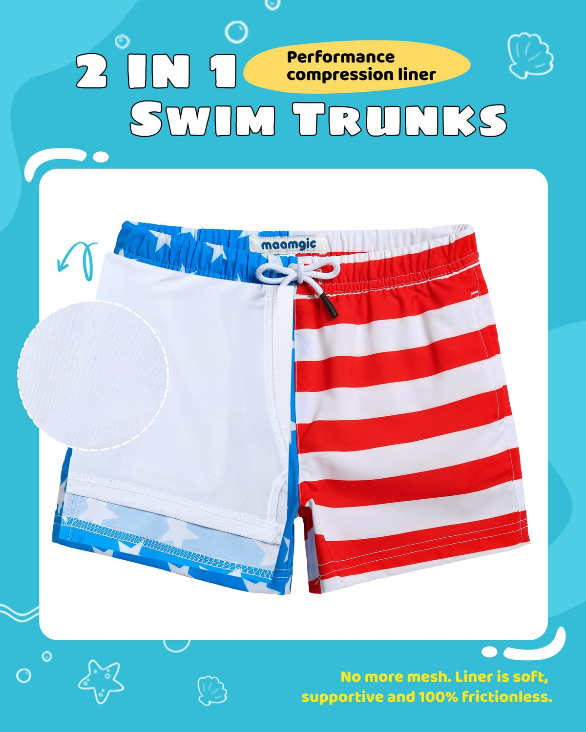 maamgic Boys Swim Trunks with Compression Liner Toddler Stretch Swim Shorts Quick Dry Swimming Trunks Boxer Brief 2 in 1 Beach Shorts American Flag 4T