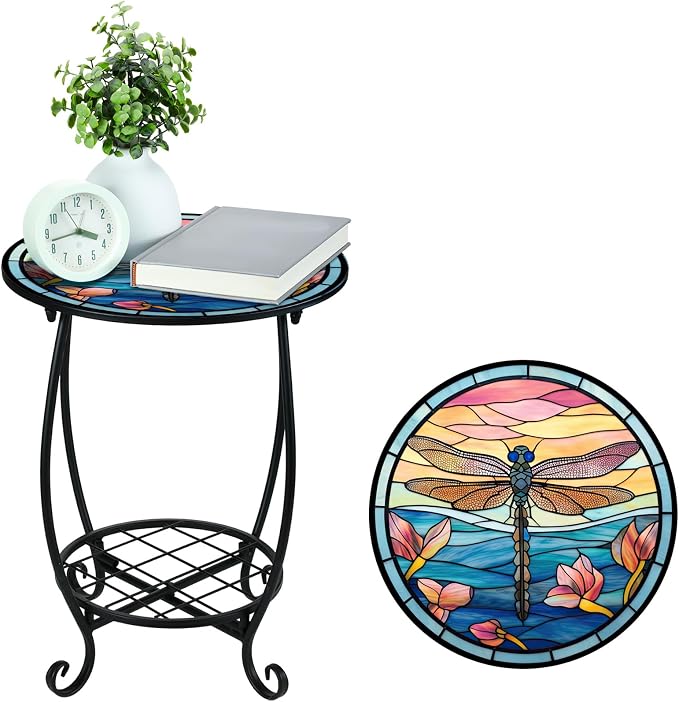 Cinnvoice Outdoor Side Table Round Small Mosaic Patio Accent Indoor End Plant Coffee Tea Table for Yard Patio Porch Garden Living Room, Bedroom(Dragonfly Style,12 Inch)