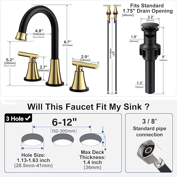 Bathroom Faucets for Sink 3 Hole, Hurran Black& Gold Bathroom Sink Faucet with Pop-up Drain and Supply Lines, Stainless Steel Lead-Free Widespread Faucet for Vanity RV Farmhouse Sink