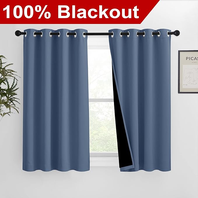 NICETOWN Stone Blue 100% Blackout Curtains 54 inches Long, Thermal Insulated