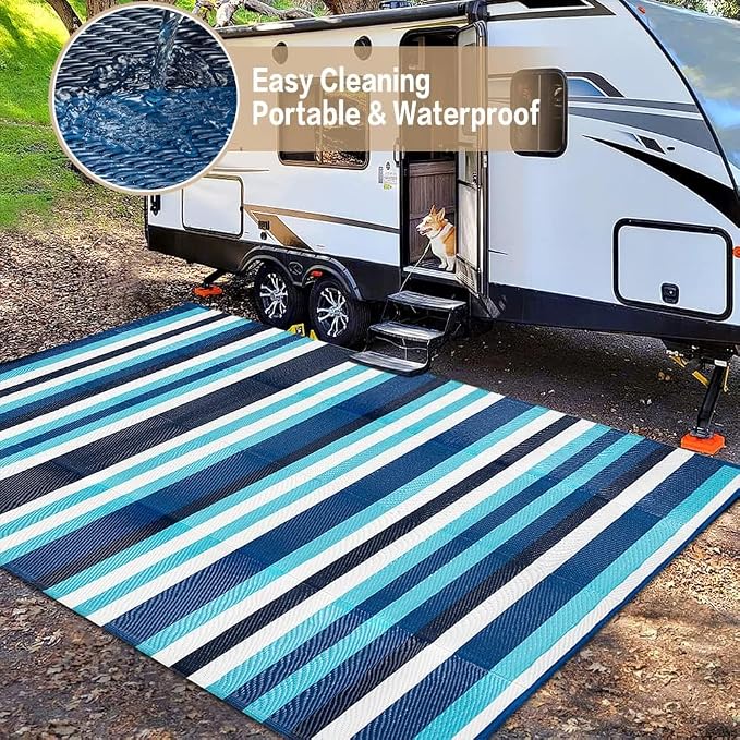 HUGEAR Outdoor Plastic Straw Rug, Waterproof Mat, Washable Large Floor Mat and Rug for Outdoors, RV, Beach, Patio, Camping, Backyard, Deck, Picnic, Indoor Outside (5x8ft,Stripe/Blue&White)