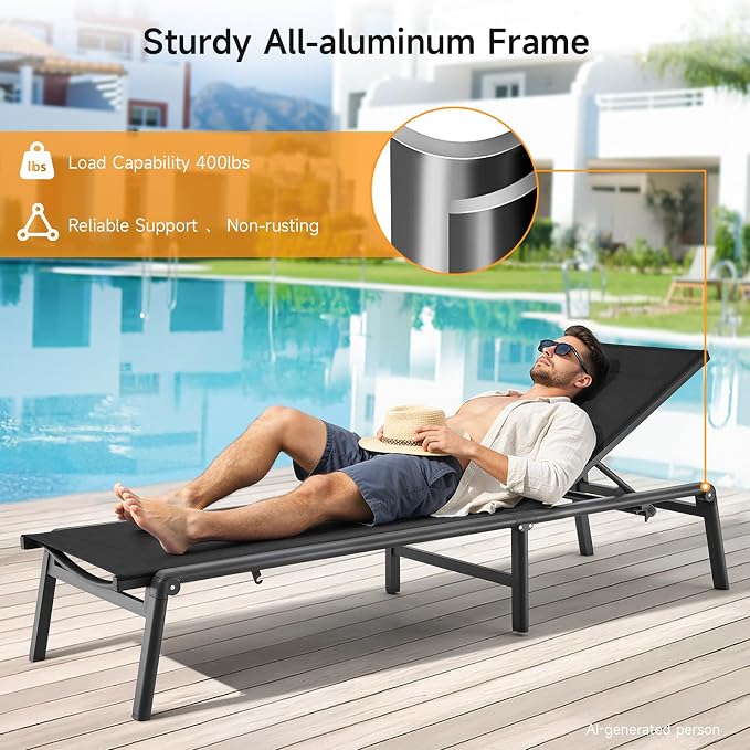 ONBRILL Aluminum Chaise Lounge Chair Outdoor, Foldable & Assembly Free Outdoor Lounge Chair with 5 Position Adjustable Backrest, Patio Pool Lounge Chairs for Outside Poolside Beach Lawn, 1PC, Black