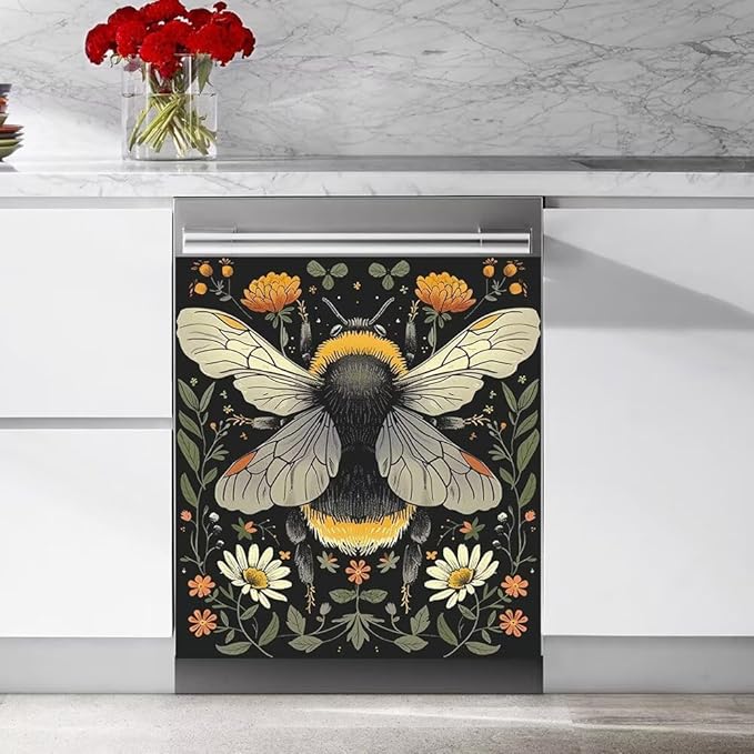 Flower and Bee Wallpaper Dishwasher Magnet Cover Sticekr,Refrigerator Magnet Cover Decal Fridge Microwave Stickers Kitchen Decor,23W x 17H inchs
