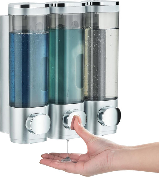 Shampoo and Conditioner Dispenser, Pollock Shower Soap Dispenser 3 Chamber No Drill, Wall Mounted Shampoo Body Wash Conditioner for Bathroom Large Capacity Silver