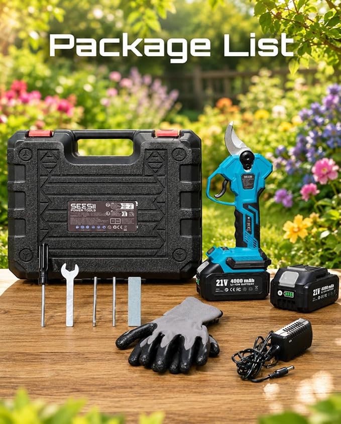 SEESII Electric Pruning Shears for Gardening: 1.8” Cutting Cordless Power Pruner - Brushless Motor, Dual 4.0Ah Battery, 4 Levels Adjustable Extra SK5 Blade Branches Cutter For Tree & Flower Trimming