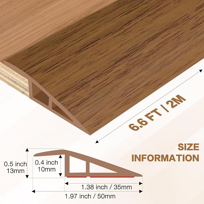 Floor Transition Strip Vinyl Door Threshold Ramp Self Adhesive Carpet Edging Strip Doorway Edge Trim, Overlap Edge Reducer for Laminate Carpet, Floor, Tile (Orange Oak, 1/5" to 2/5", 6.6Ft)