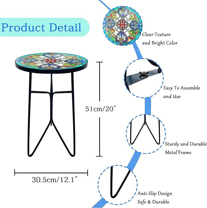 Mosaic Flower Outdoor Side Tea Table, Glass Plant Tables Decorative Metal Patio Table, Round Outdoor Tables Unique Furniture-Weather-Resistant Patio Decor, Valentine's Day Decoration Gift