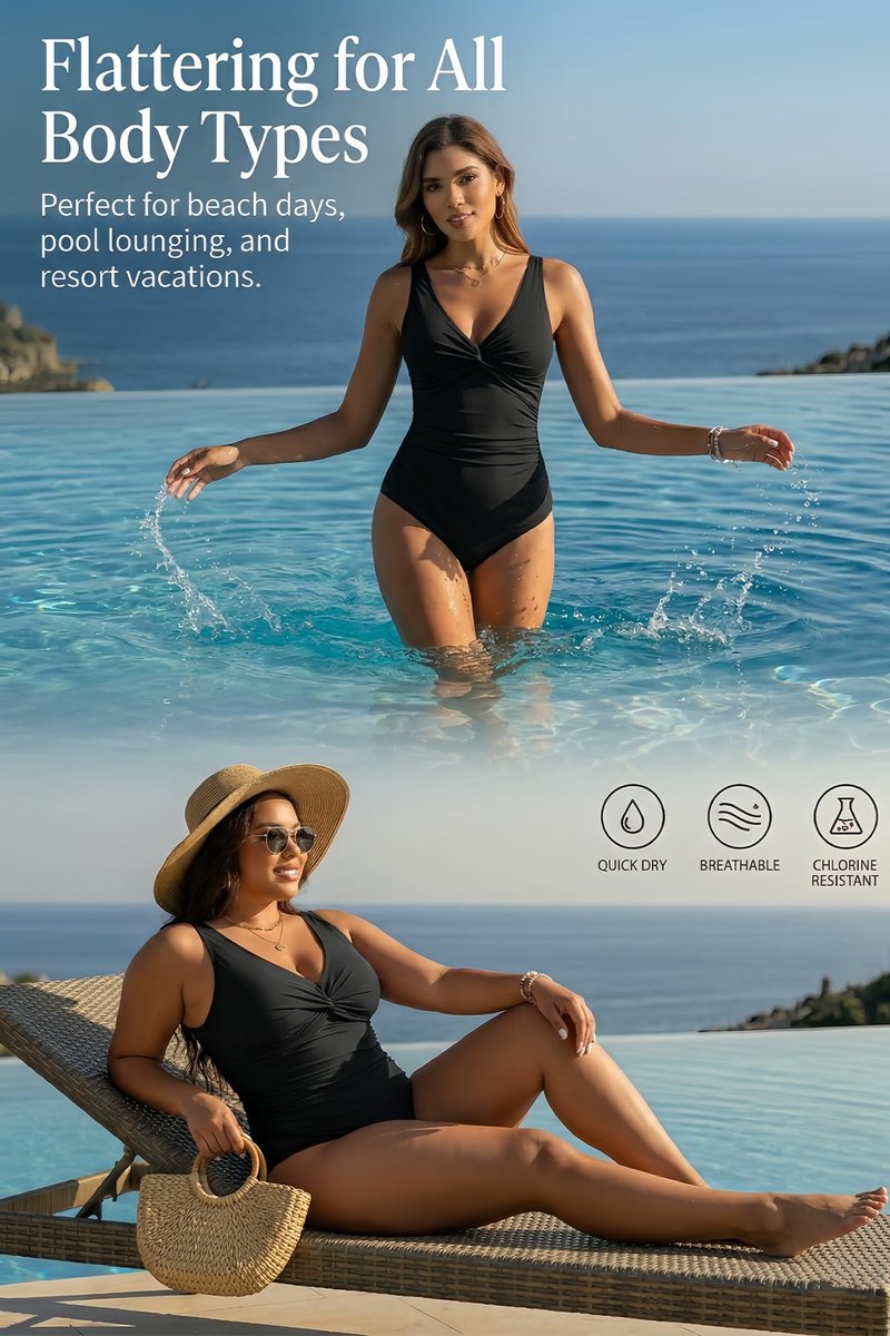 Holipick Black Plus Size Women Tummy Control One Piece Swimsuit - Push Up Bathing Suit Full Coverage Slimming Swimwear 20 Plus (US 20W)