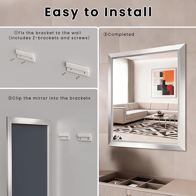 Amorho Bathroom Mirror, 28x32 Inch Silver Thick Metal Framed Wall Mirrors