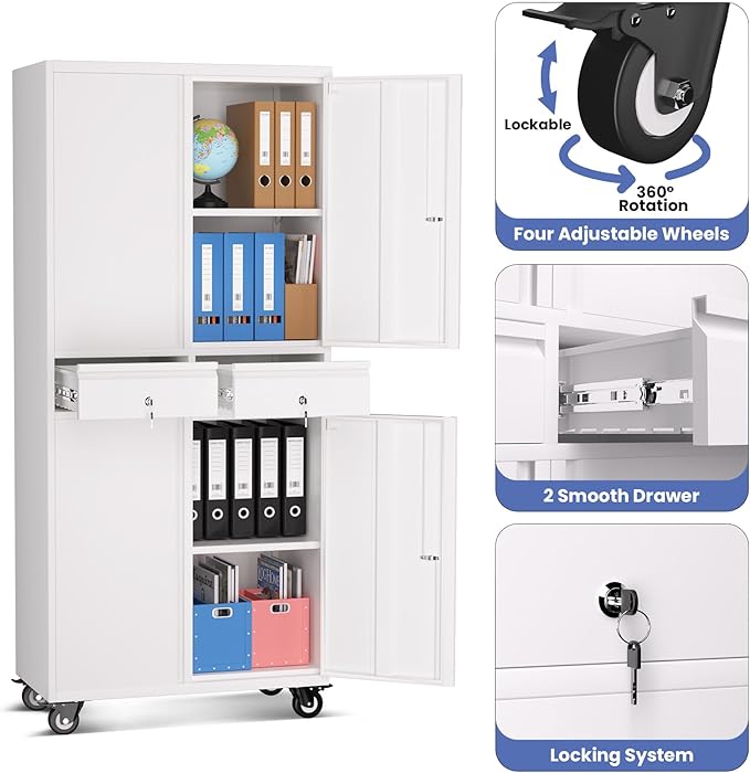 Garvee Metal Storage Cabinet, 73 Inch Garage Storage with Locking Doors and Adjustable Shelves, Heavy Duty Tool Cabinet with 2 Drawers