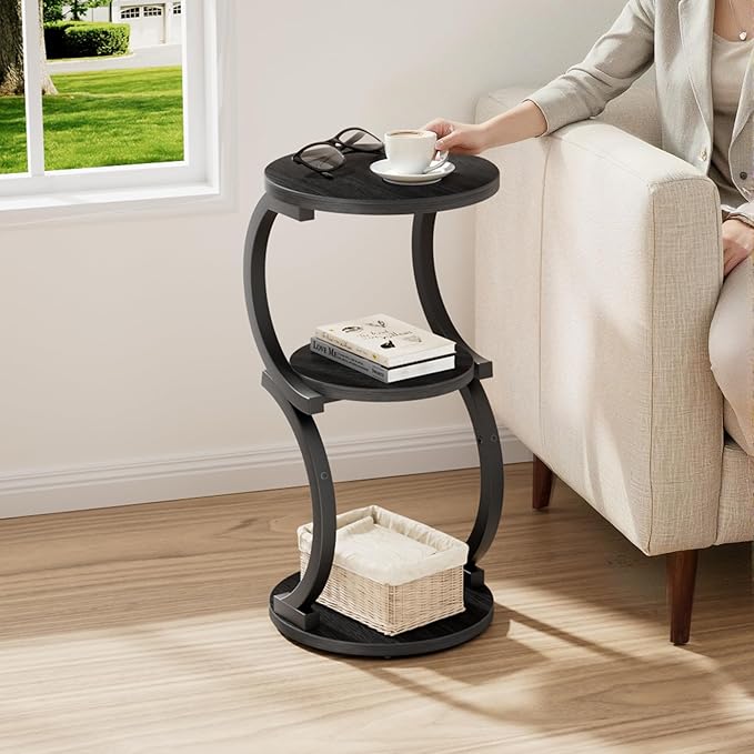 JUSTOGO Small Round Side Table, 3-Tier End Table for Living Room, Vintage Nightstand for Small Spaces Sofa Couch Corner Bedside Bedroom, S-Shaped Wood Accent Table Metal Coffee Table, Black