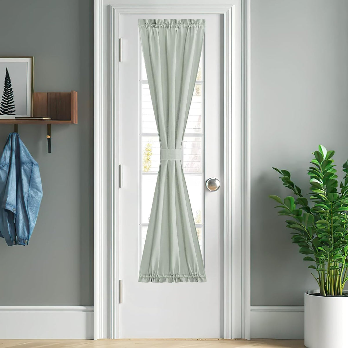 NICETOWN Linen French Door Privacy Light Reducing Door Curtain with Tieback Rod Pocket Sheer Curtain 1 Panel for Glass Feature Open Weave Textured Linen - 26" W x 72" L, Sage Green