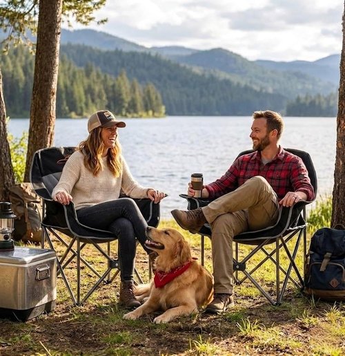 Fair Wind Oversized Padded Camping Chair - Heavy Duty Quad Fold Arm Chair, Supports 500LBS, Black | 2 Pack