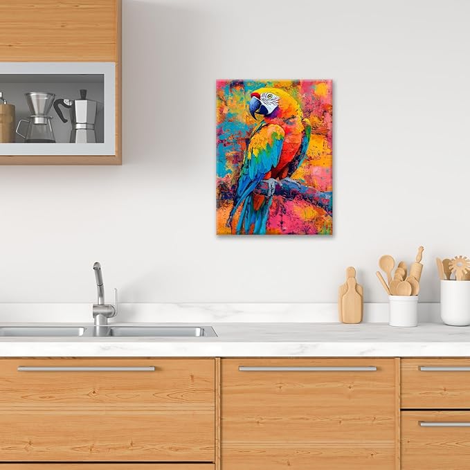 Parrot Wall Art, Graffiti Parrot Pictures Wall Decor, Colorful Birds Canvas Prints, Banksy Animal Painting, Framed Artwork for Bathroom Living Room Bedroom Office Dining Room 20"X16"