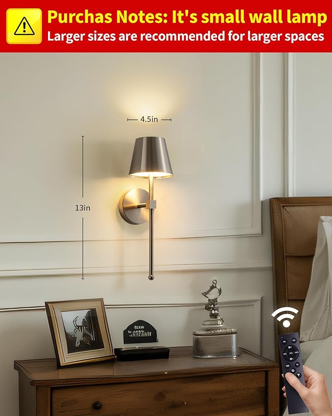 KDG Cordless Wall Sconces Set of 2, Wireless 5200mAh Rechargeable Battery LED