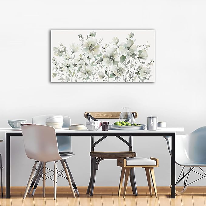Elegant Flowers Wall Art Abstract Floral Pictures Wall Decor Modern Green Botanical Canvas Painting Flower Blossom Canvas Print Artwork for Living Room Bedroom Office Home Wall Decoration 24" x 48"