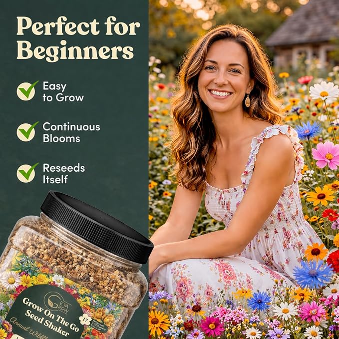 Wildflower Seed Shaker – Annual Mix by GevaGrow | 17 Variety Flower Seeds for Planting in Pots & Outdoor Gardens, Bulk 300,000+ Seeds - 1 Pound Tub