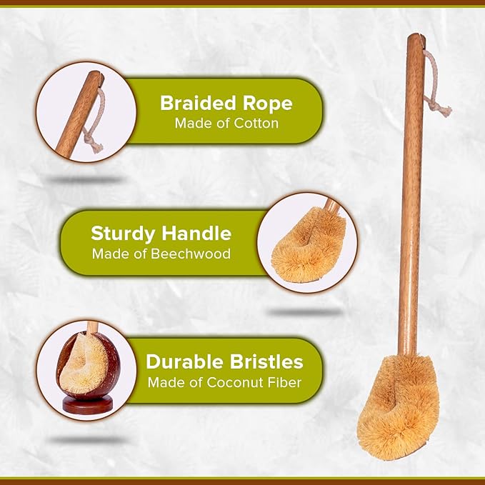 Wooden Toilet Brush with Coconut Shell Holder Eco-Friendly Wooden Toilet Bowl Cleaning Brush - Effective Toilet Cleaning Brush - Durable and Natural Toilet Cleaner