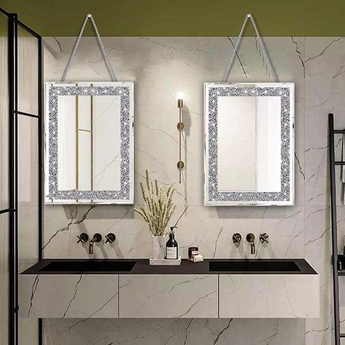 2 Piece Wall Mirrors, Crush Diamond Wall Décor Silver Decorative Mirrors