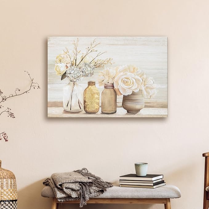 Farmhouse Floral Wall Art for bathroom, Flower Rustic Wood Board Canvas Wall