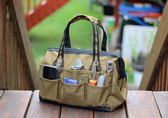 Coreflex 14 inch Wide-Mouth Tool Bag, Gear Bag, Multiple Purpose - for Plumbers, Electricians, Handymen also good for daily use, office use and camping. (Tan)