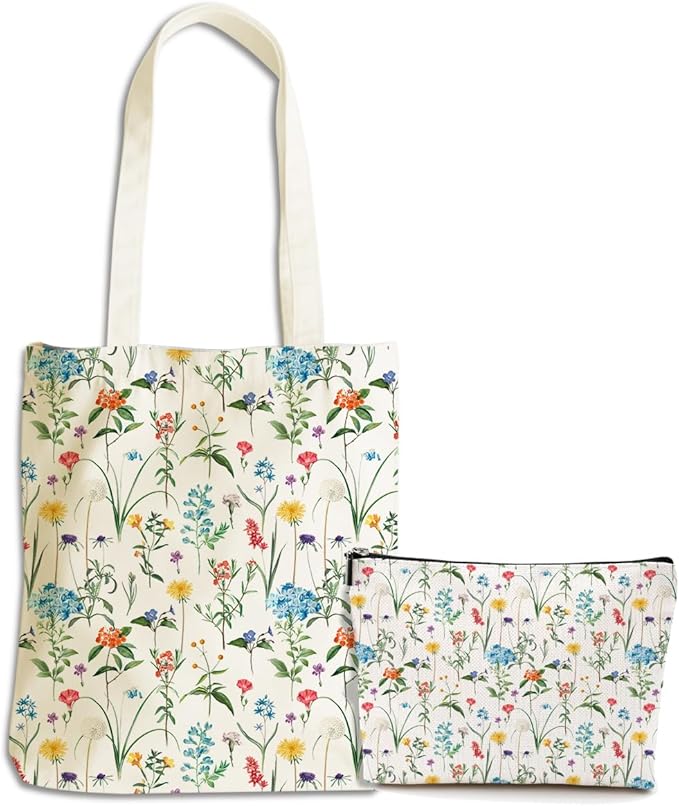 Flower Plant Lover Gifts for Women Canvas Tote Bag with Makeup Bag Cosmetic Bags Grocery Bags for Shopping Christmas