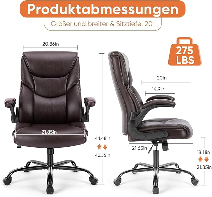 Sweetcrispy Ergonomic Computer Gaming Office Chair Set of 2, Heavy Duty Task Desk Swivel Rolling Chairs with Wheels, Flip-up Arms, Adjustable Height, PU Leather,Dark Brown