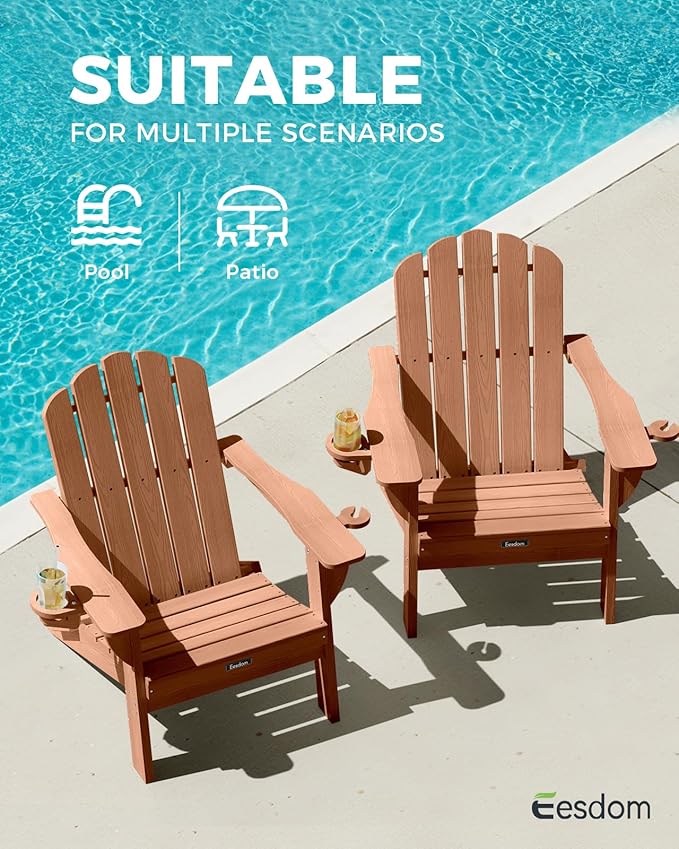 Folding Adirondack Chairs Set of 4,All-Weather HDPE Fire Pit Chair with 2 Cup Holders, Outdoor Chair for Patio Deck Garden Lawn, Teak