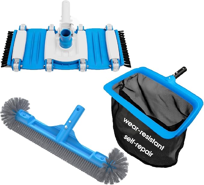 Pool Cleaning Kit Full Set - 18in Rounded End Pool Brush & Ergonomic Pool Vacuum Head with Wheels& Pool Nylon Net Fine Mesh for Above Ground In-ground Pools, Spas, Hot Tubs-Multi