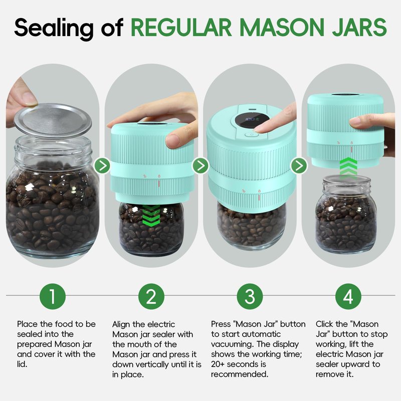 Mason Jar Vacuum Sealer Kit, Electric Sealer for Wide and Regular Mouth Mason Lids, Canning Vacuum Sealer Mason Jar, Automatic Vacuum Sealer Machine for Food Storage - Celadon Blue-Green