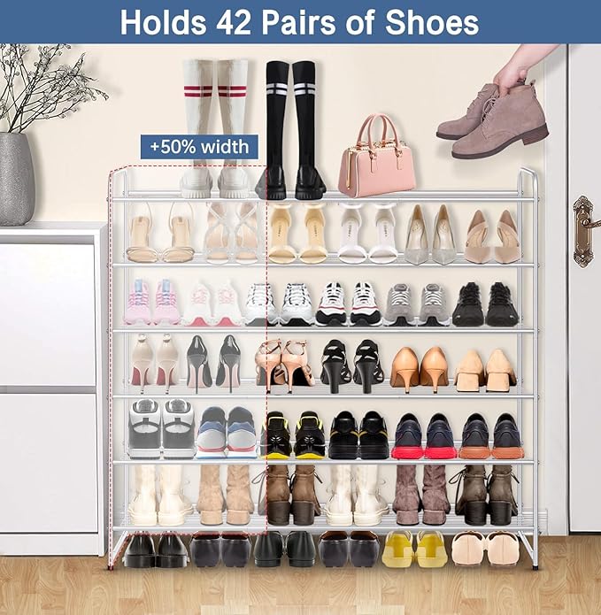 KEETDY Long 6 Tier Shoe Rack Organizer Tall Metal Shoe Organizer for Entryway Bedroom Floor Garage, Wide Shoe Shelf Storage Fits 42 Pairs Men Sneakers, Gray