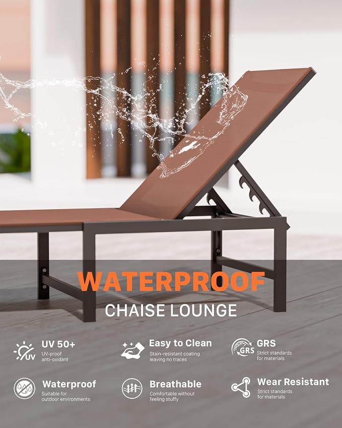 Patio Lounge Chair, Aluminum, 5 Adjustable Backrest,2 Piece,Brown | Lightweight rustproof aluminum.5 adjustable backrest positions.Breathable quick-dry fabric.For poolside,beach,lawn,backyard.