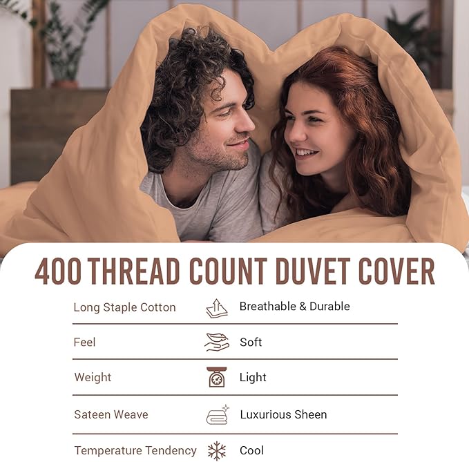 Pizuna Pure 100% Cotton King Duvet Cover Set, Luxurious 400 Thread Count Long Staple Cotton Sateen Weave with Button Closure (Combed Peach Cotton Duvet Cover King)