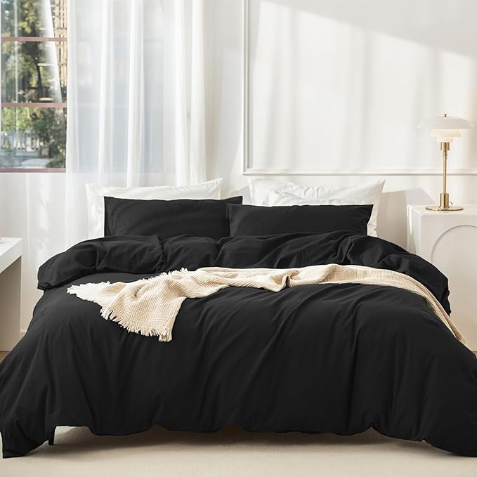 JIYUAN 100% Washed Cotton Duvet Cover Set 3 Pieces Oversized King, 1 Duvet Cover 120x98 Inches(Comforter Not Included) and 2 Pillowcases,Linen Feel Bedding Set Comfy and Breathable,Black