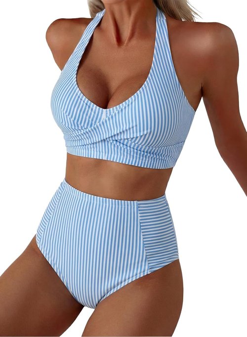 Herseas Women's High Waisted Bikini Set - Stylish Halter Design with Patch Pockets | Striped Swimwear
