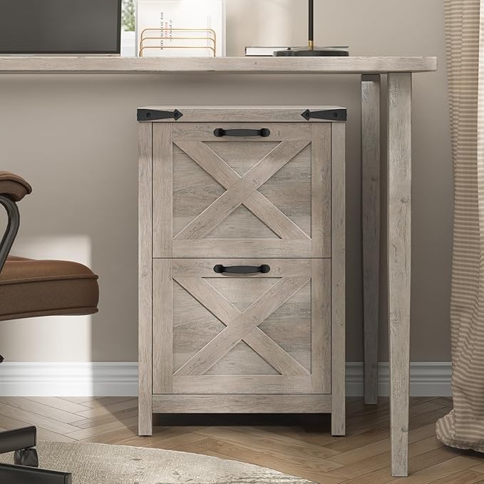 2 Drawer Small File Cabinet, Farmhouse Vertical Filing Cabinet Fits Letter and A4 Size, Under Desk Wooden File Cabinets for Home Office, Printer Stand, Grey