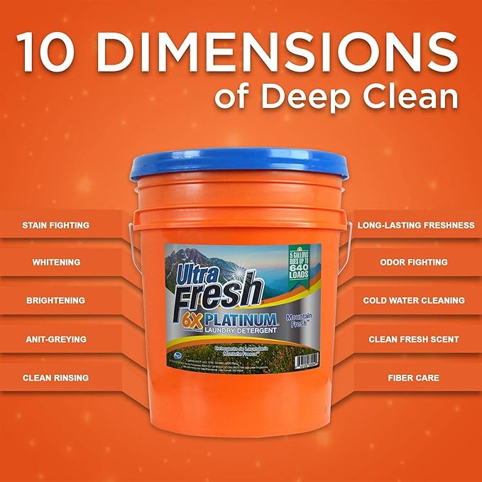 Ultra Fresh 6X Platinum 5 Gallon Laundry Detergent Liquid for All Machine Types with Easy Dispensing Pump, Up to 640 Loads, Mountain Fresh (3 Pack)