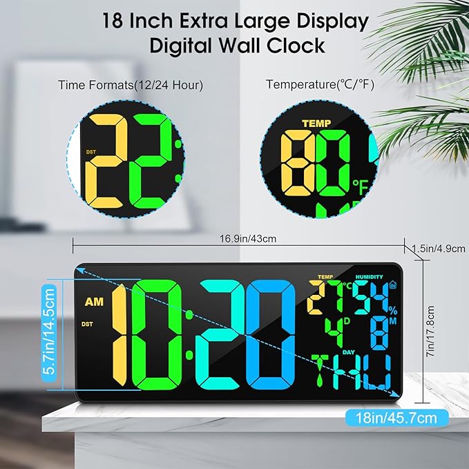 11 RGB Color Changes Large Digital Wall Clock/Bluetooth Auto Time Sync