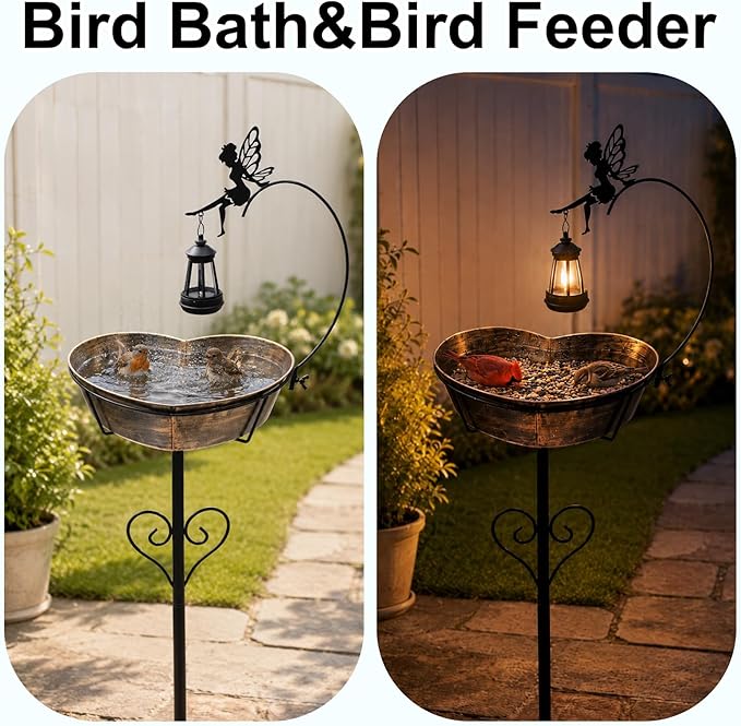 Goodeco Heart Bird Bath Stake for Outside - 135 fl oz Large Metal Birdbath with Solar Lantern and Fairy Garden & Patio Decor for Yard, Ideal Gifts for Bird Lovers, Romantic Mom's Present