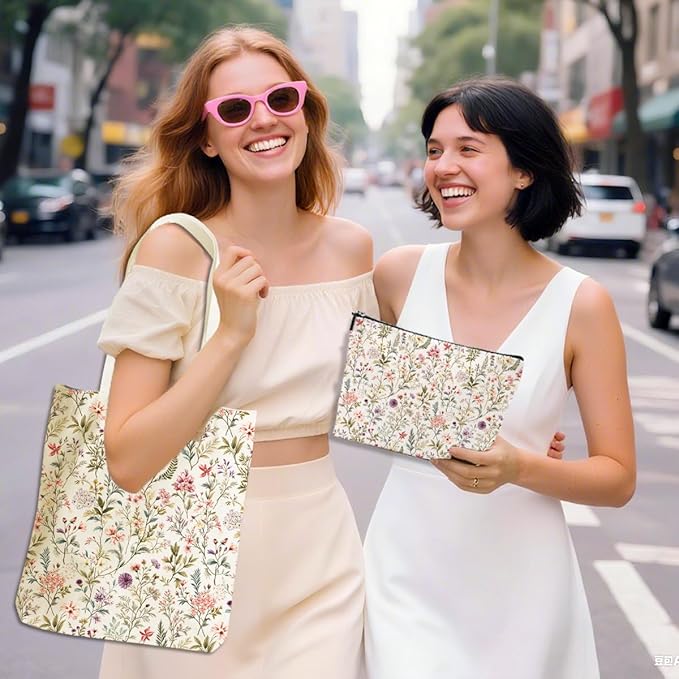 Flower Plant Lover Gifts for Women Canvas Tote Bag with Makeup Bag Cosmetic Bags Grocery Bags for Shopping Christmas