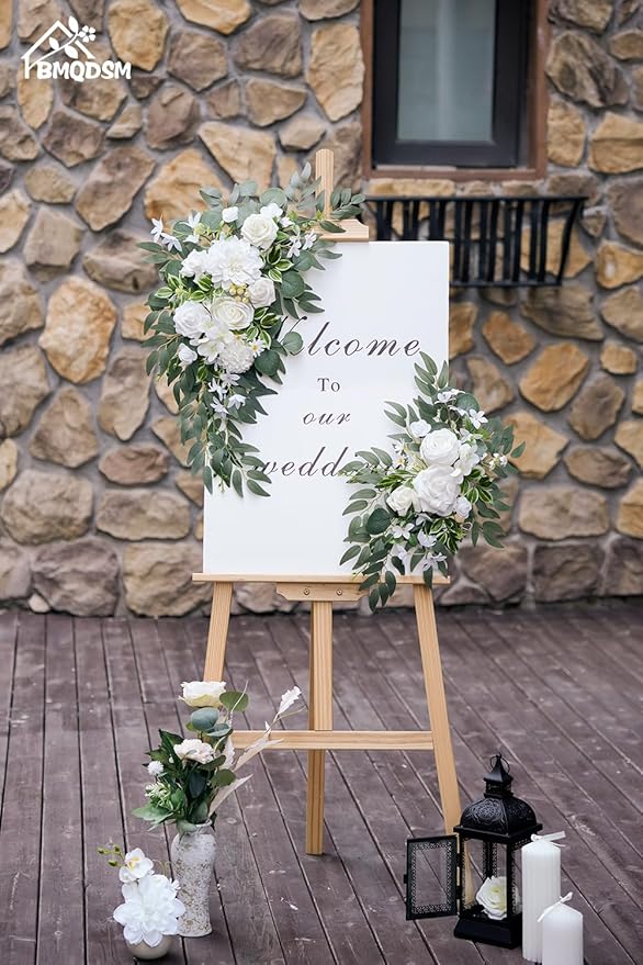 Wedding Welcome Signs Floral(Pack of 2)，Wedding Arch Flowers for Wedding Decorations and Reception Backdrop Decoration (New White)
