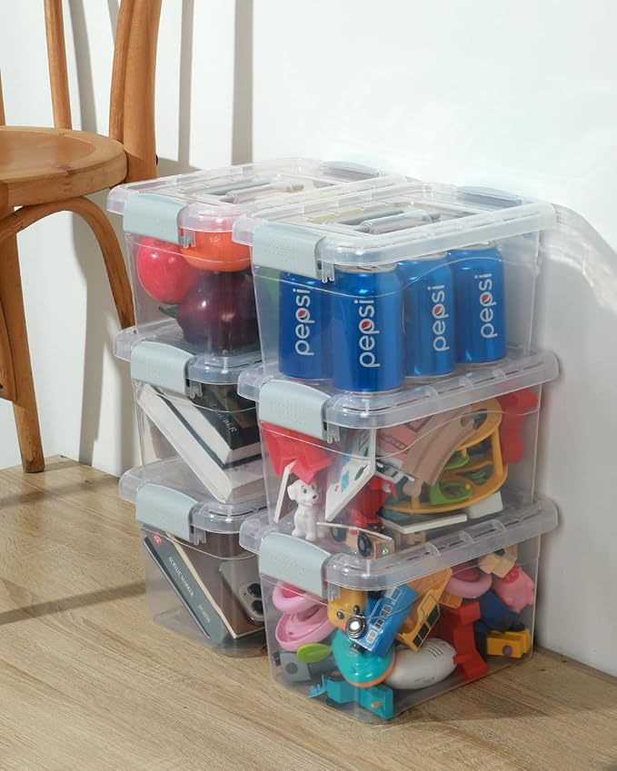 Plastic Storage Bins 7 Quart-Storage Organizer Bins with Grey Buckle Lids, Stackable Storage Bins with Lids for Home Office Kids Room Closet School Art Supplies Organization,6 Packs, Clear